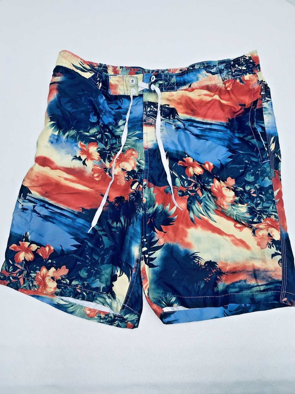 Merona Mens L Blue Orange Beach Aloha Floral Board Shorts Swim Trunks Drawstring